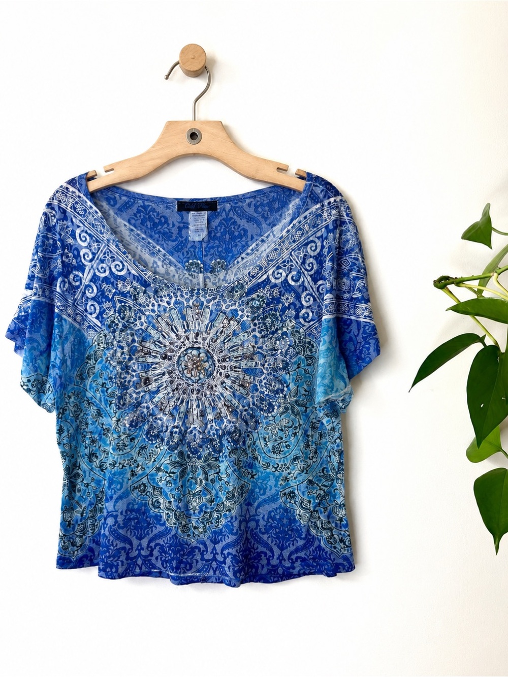 Only Nine Blue Medallion Print Embellished Dolman Sleeve Top Women Medium